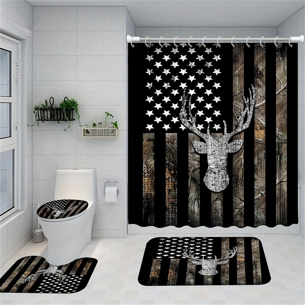 TEMU Deer Head -striped Pattern Bathroom 4-piece Bathroom Decorative Fabric Shower Curtain Non-slip Bath Mat Toilet Mat