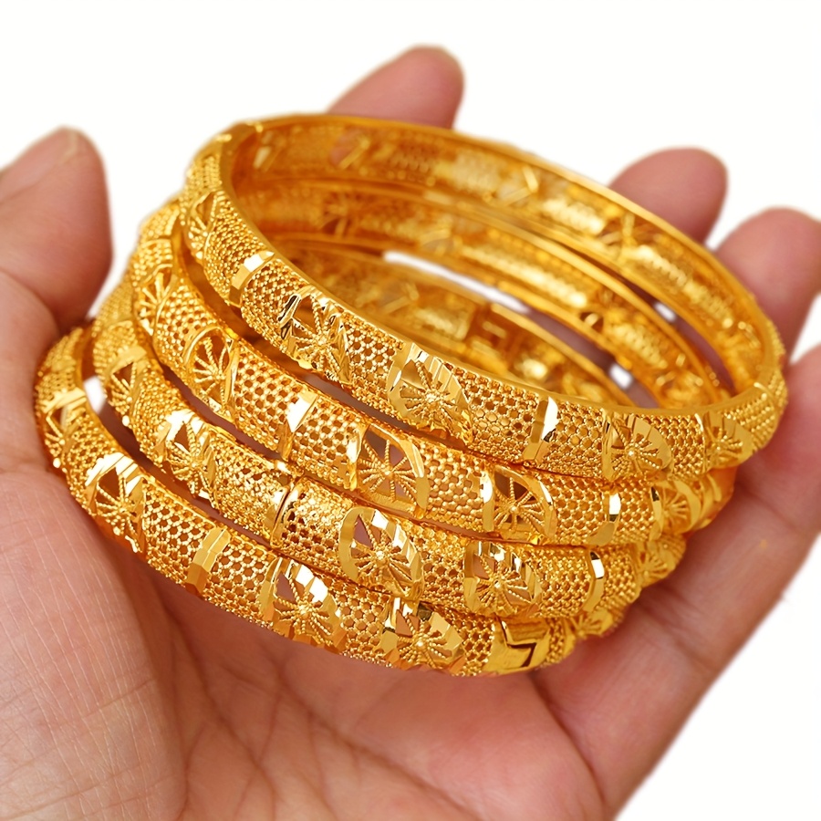 TEMU 4-pack Women's Fashion Bracelets, Gold Plated Hollow Open Bangle, Dubai West African European American , Wedding Accessories, Party Gift,