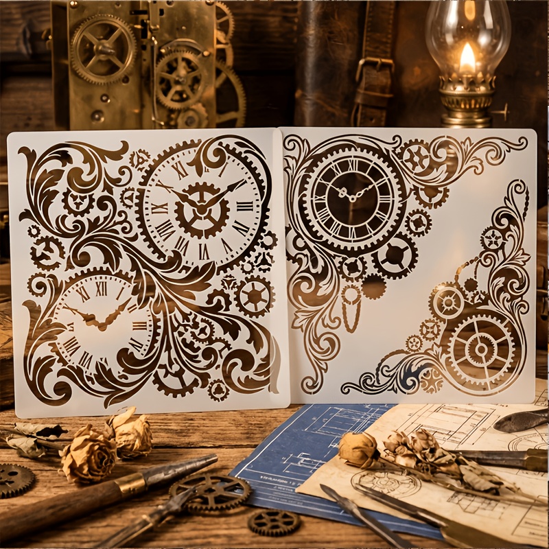 E-shop 2er-Set Steampunk Uhr Schablonen - Wiederverwendbare Vintage passend für Holzschilder, Wände, Leinwand, Stoffmalerei | Industrielle Zahnräder &