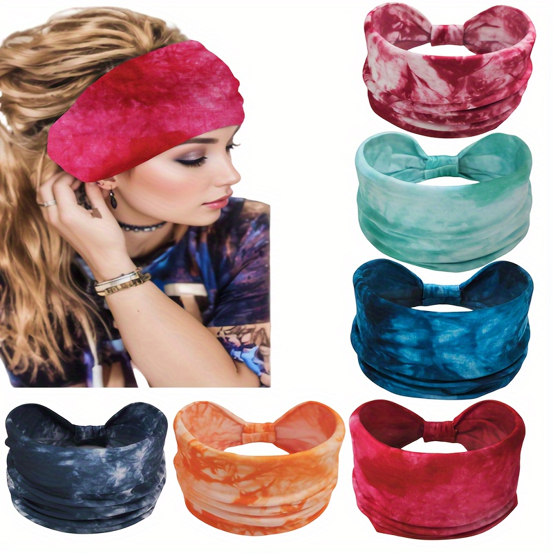 

6-piece Boho Tie-dye Headband Set - Wide, Stretchy Knotted Hairbands For Women | Elegant & Sporty