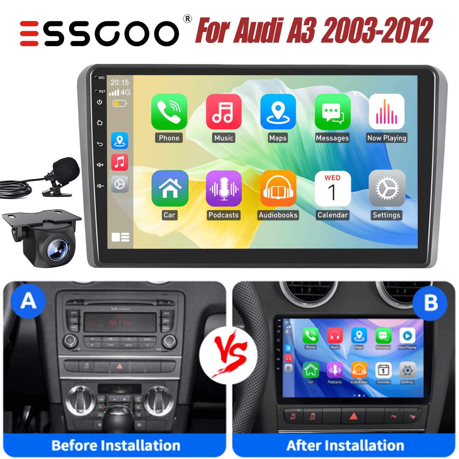 Essgoo 9" 14 Car Stereo For A3 2003-2012 | & Auto, 4+64gb | Animiertes Display, Built-in Equalizer, Ready, Rds, Usb/wifi | Includes External Microphone & Supports External Ahdcamera