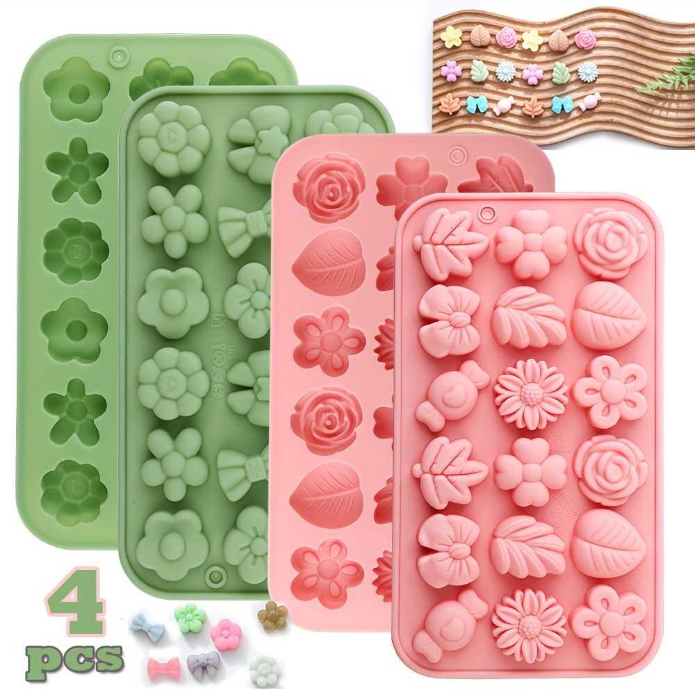 4pcs Per Pack Silicone Chocolate Candy Molds Flower-shaped Leaf Molds Cute Molds Decorating Gadgets Pudding Biscuit Molds Pink And Green