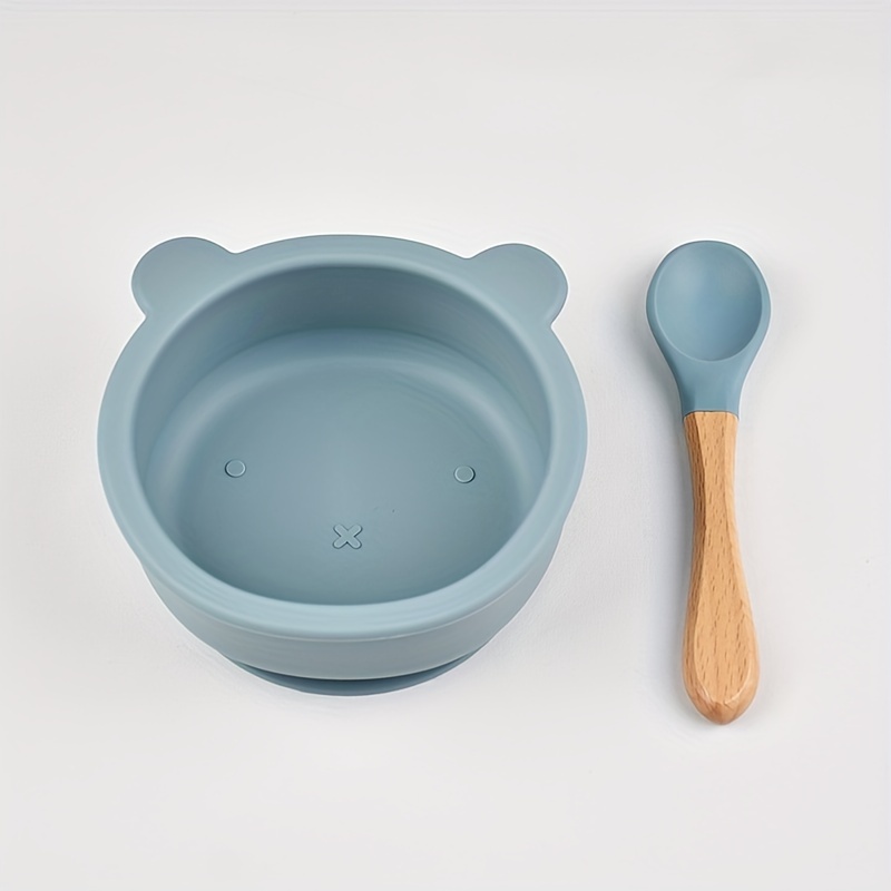 2pcs Baby Feeding Tableware Food Grade Silicone Suction Cup Bowl Wooden Handle Spoon Food Set Bpa Free