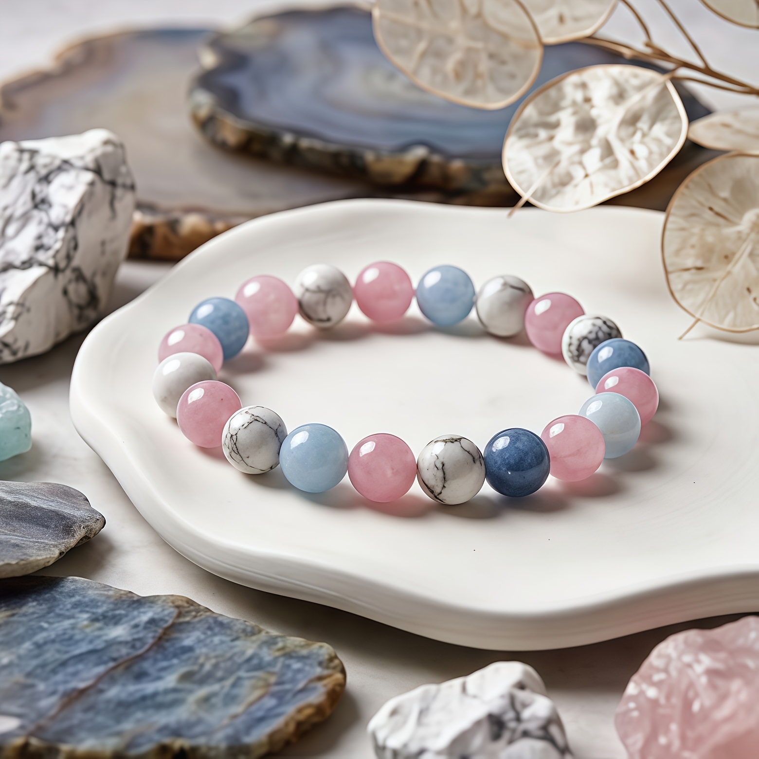 White Howlite, Aquamarine & Pink Quartz 3-Material Handmade Bracelet