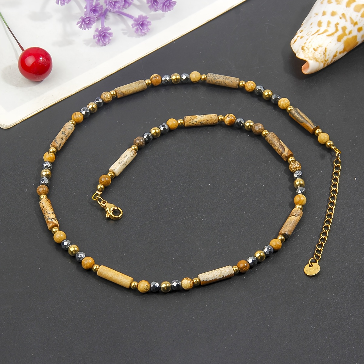 Women's Minimalist Cylinder Bead Necklace with Golden Accents