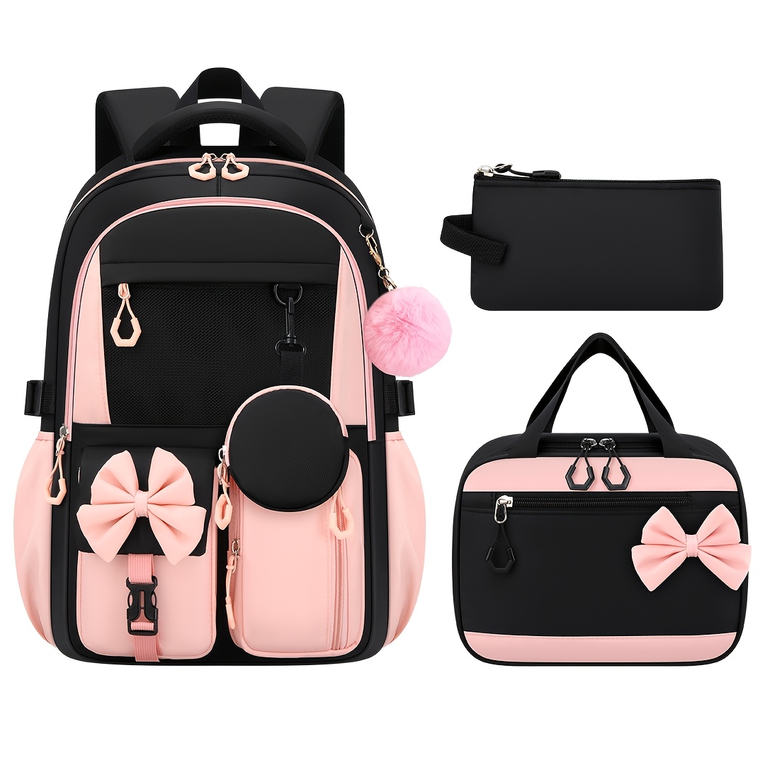 TEMU Bxboat 3pcs Bow School Bags With Handbag Storage Pouch For Teenage Girls, Large-capacity Stylish Casual Preppy Backpack With Compartments For