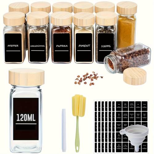 12 24pcs spice jars with labels thickened glass seasoning containers with bamboo lids sealed seasoning bottles with silicone funnel kitchen supplies and additions