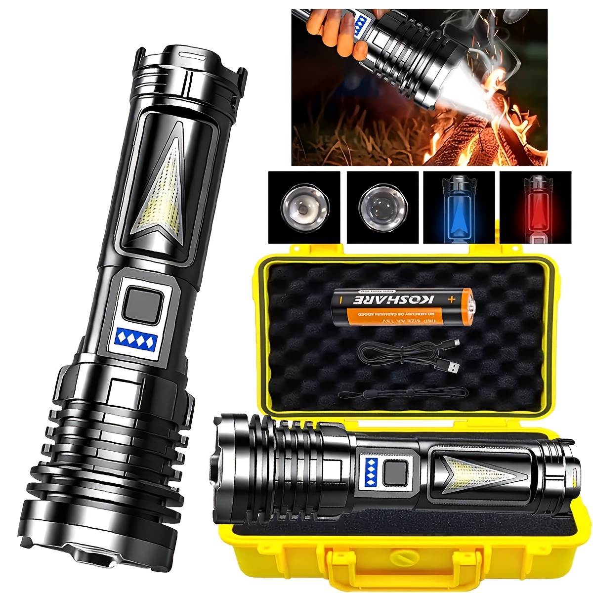 TEMU A Flashlight That Can Start A Fire High Led Flashlight With Lens Large Capacity Usb Rechargeable Cob Side Light Digital Display Tactical Torch