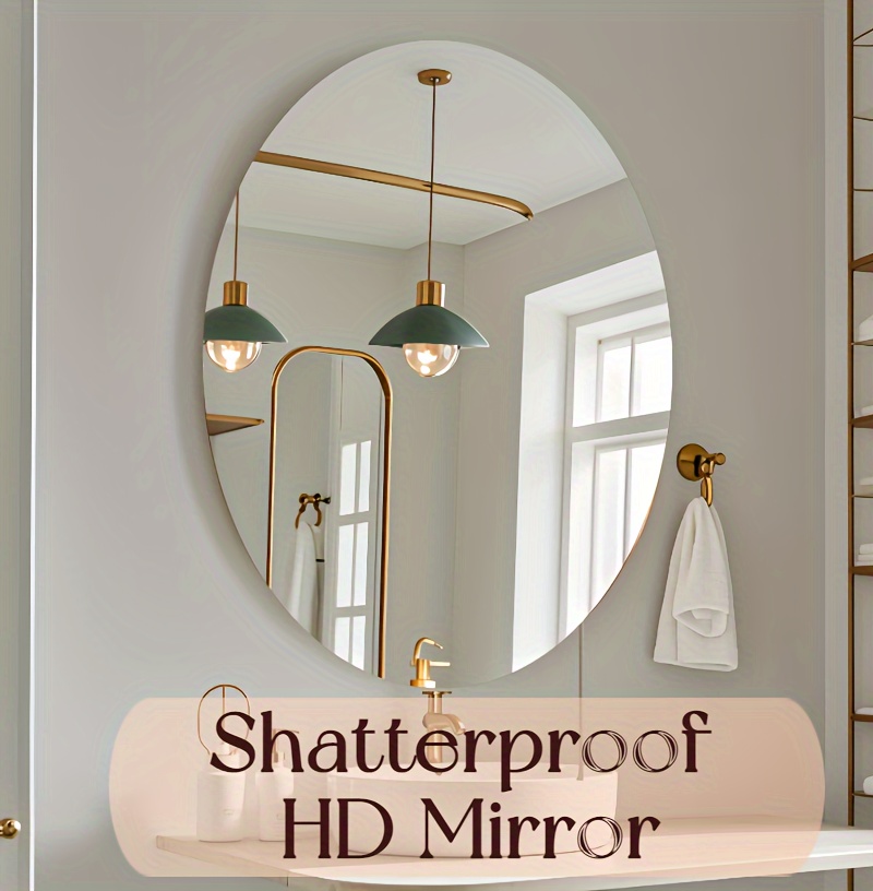 Espejo de Baño Ovalado Moderno - Instalación Adhesiva Sin Taladro, Espejo de Pared Grande de Plástico Irrompible, Diseño de Esquinas Redondeadas, Marco Blanco y Dorado, Adecuado para Sala de Estar, Dormitorio, Baño - Incluye Hardware de Instalación Fácil, Decoración de Hogar Duradera y Segura