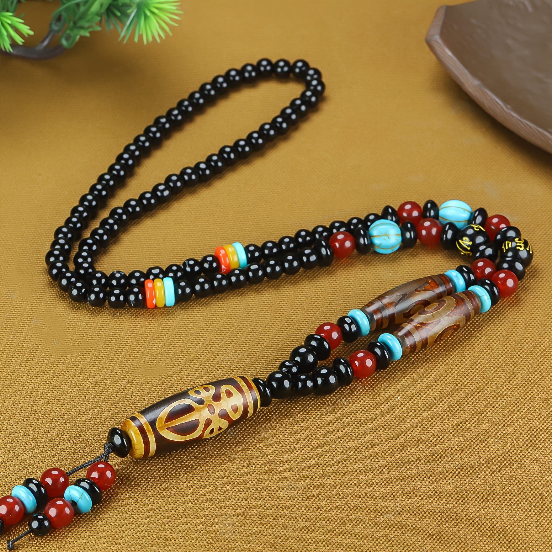 TEMU Vintage Tibetan Agate Dzi Bead Necklace With Brown Patterns, Couple's Pendant Style