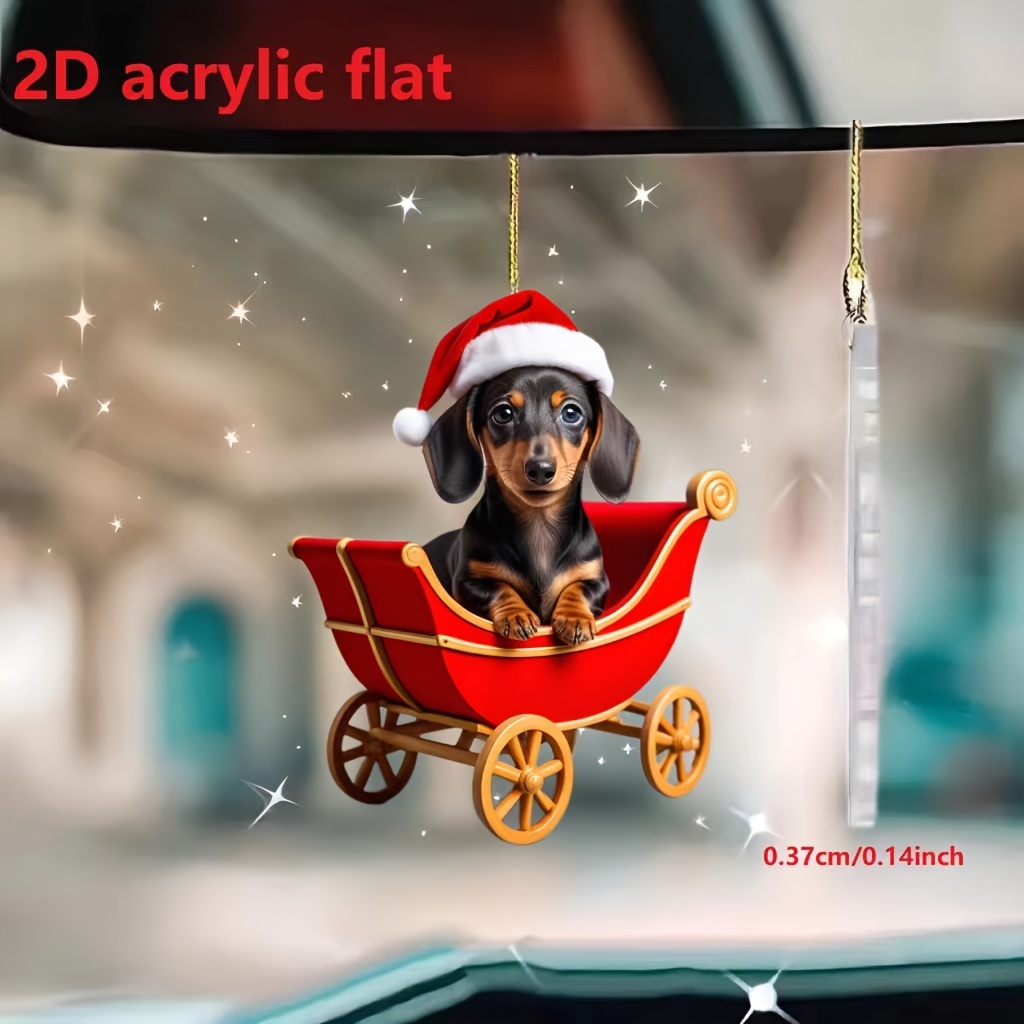 

1pc Dachshund Puppy In Santa Hat Acrylic Christmas Ornament - 2d Car Mirror & Tree Decor, Home & Party Accessory, No Power Required, Christmas Tree Ornament|cartoon Style Ornament|golden Detailing