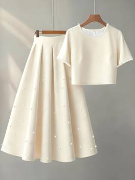 womens fashion elegant cute pearl decorated short top and skirt set a line party dress 2pcs single party wear