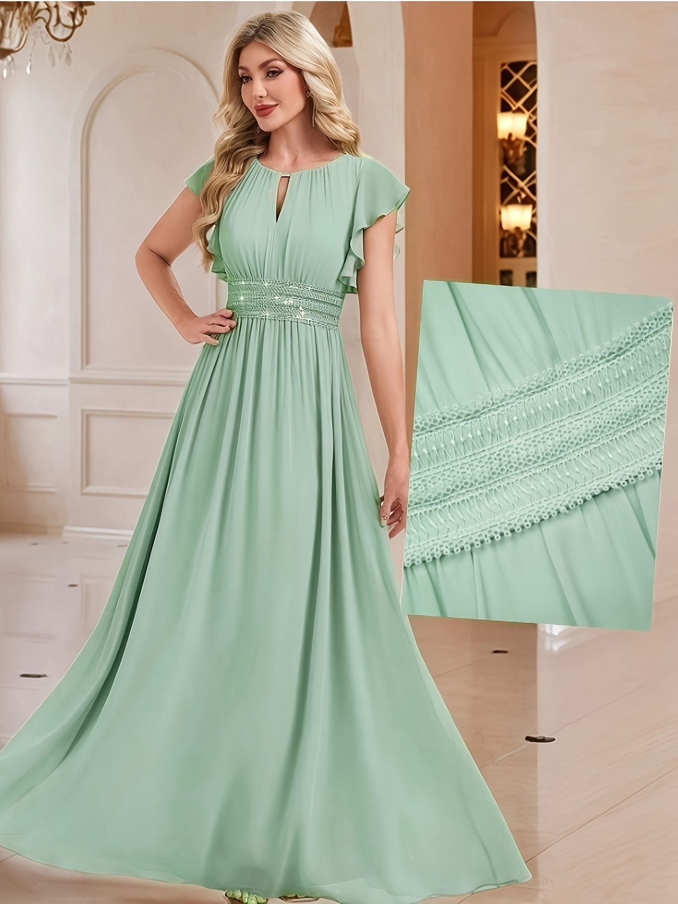 slim fit dress slacks A Line V Neck Long Mint Green Lace Prom, Mint Green Lace Formal Gradua —  Bridelily main image 0
