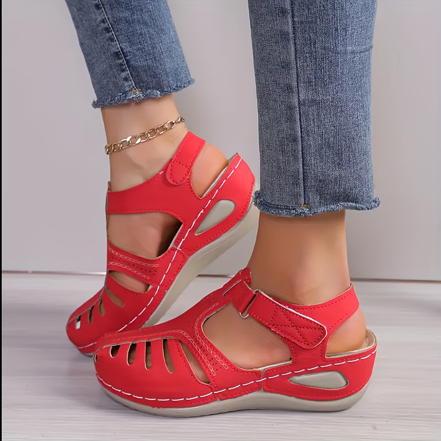 Women's Red Wedge Sandals with Closure, Comfortable Thick Sole, Perforated  Design for Stylish Outdoor Summer Shoes, Comfortable Walking