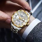 stainless steel quartz watch blue dial with roman date calendar display waterproof ipx7 casual sporty style casual sporty watch elegant watch design quartz movement