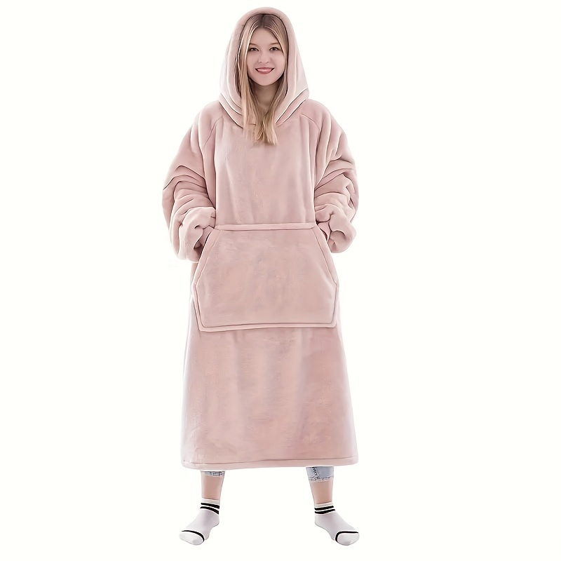 

Warm Hoodie Blanket With Large Pockets - Cozy Flannel Wearable Throw For Indoor/outdoor Use, Pink