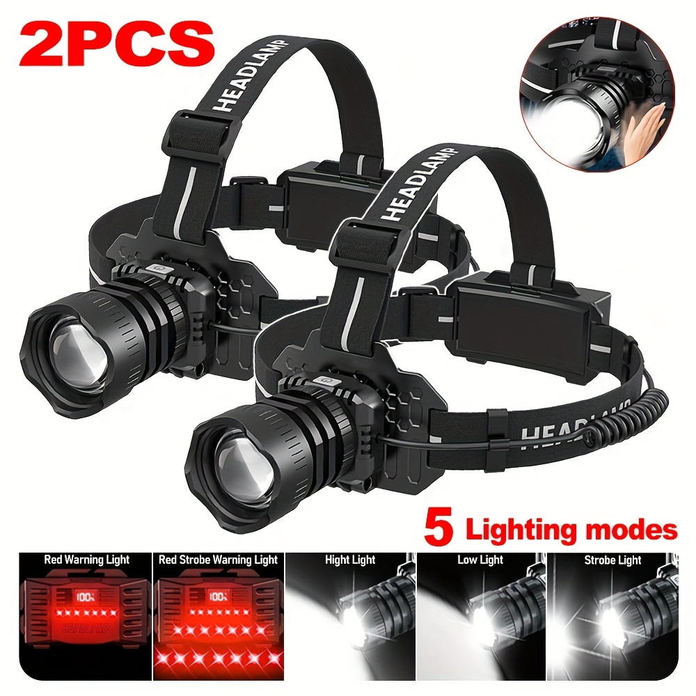 TEMU 1/2pcs Led Rechargeable Headlamp, 5 Lighting Headlamp With Red Light Warning Lights, 90° Adjustable Running Headlamp, Hunting Headlamp For