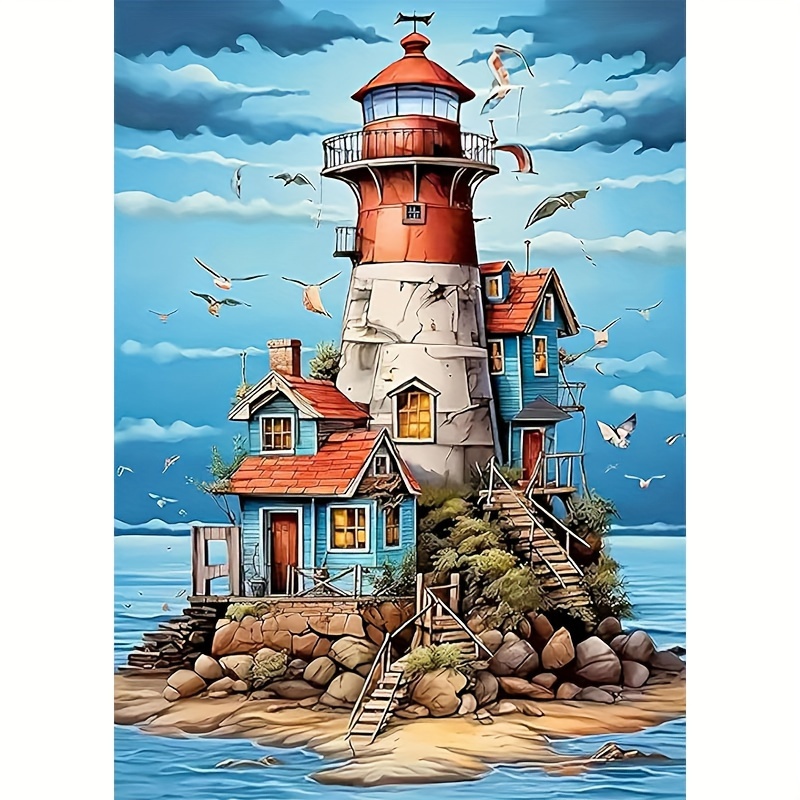 Lighthouse Landscape 5d Diy Diamond Painting Kit, Round Acrylic Gems, Beginner-friendly Set For Home Wall Decor And Gifts, For Return School