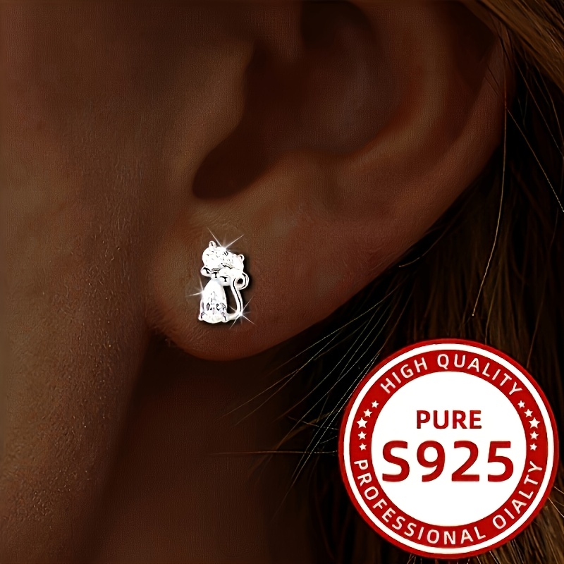 

1 Paire de Boucles d'Oreilles Chat en Argent Sterling 925 Style Élégant, Étudiants Hypoallergéniques Kitty, avec Zircon Synthétique pour Femmes, Cadeau pour la Saint-Valentin, Tenue Toutes