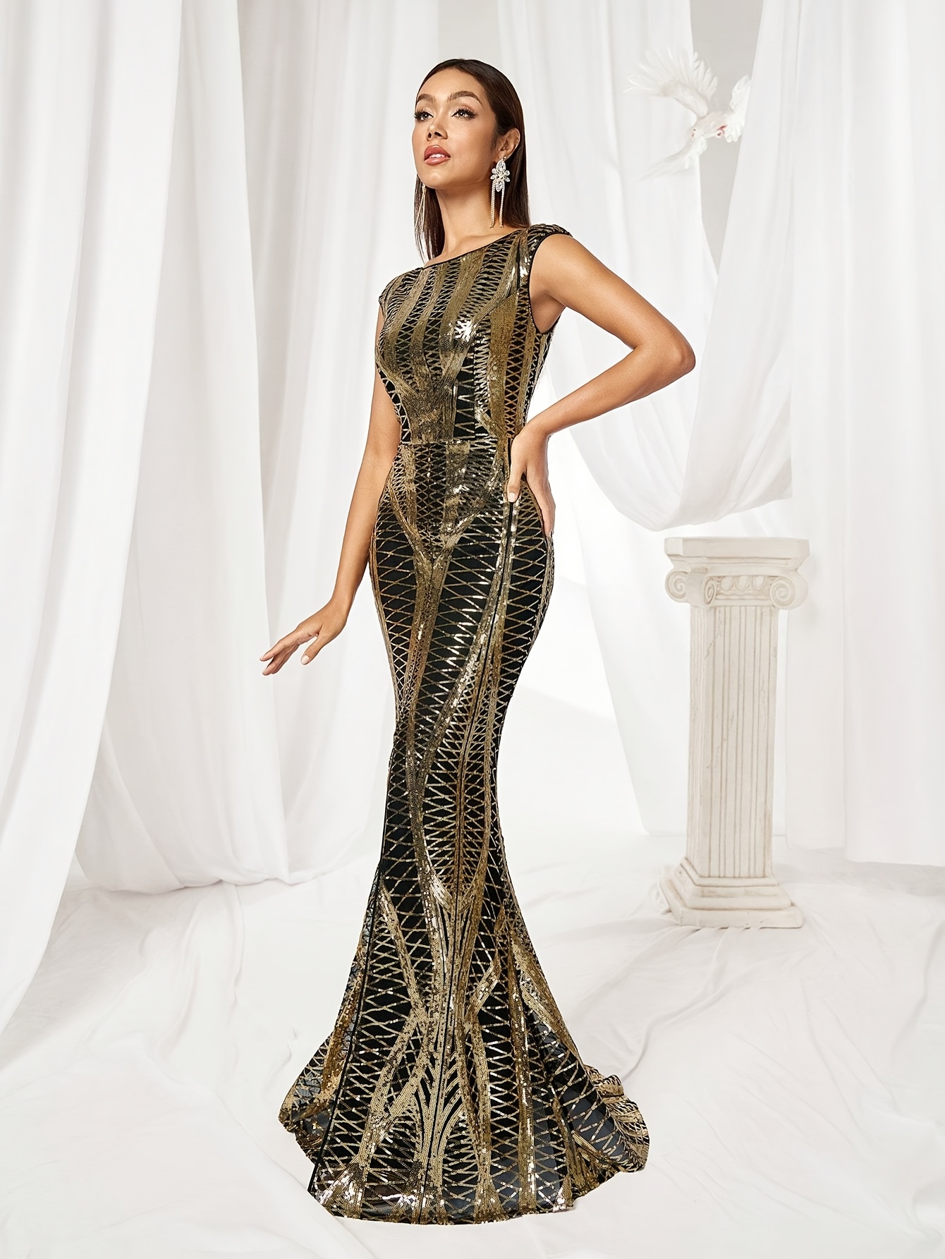 gold glitter mermaid dress Feather-Shoulder Embellished Glitter Mermaid Dress Mesh Layer Drape  GLGL3047 main image 1