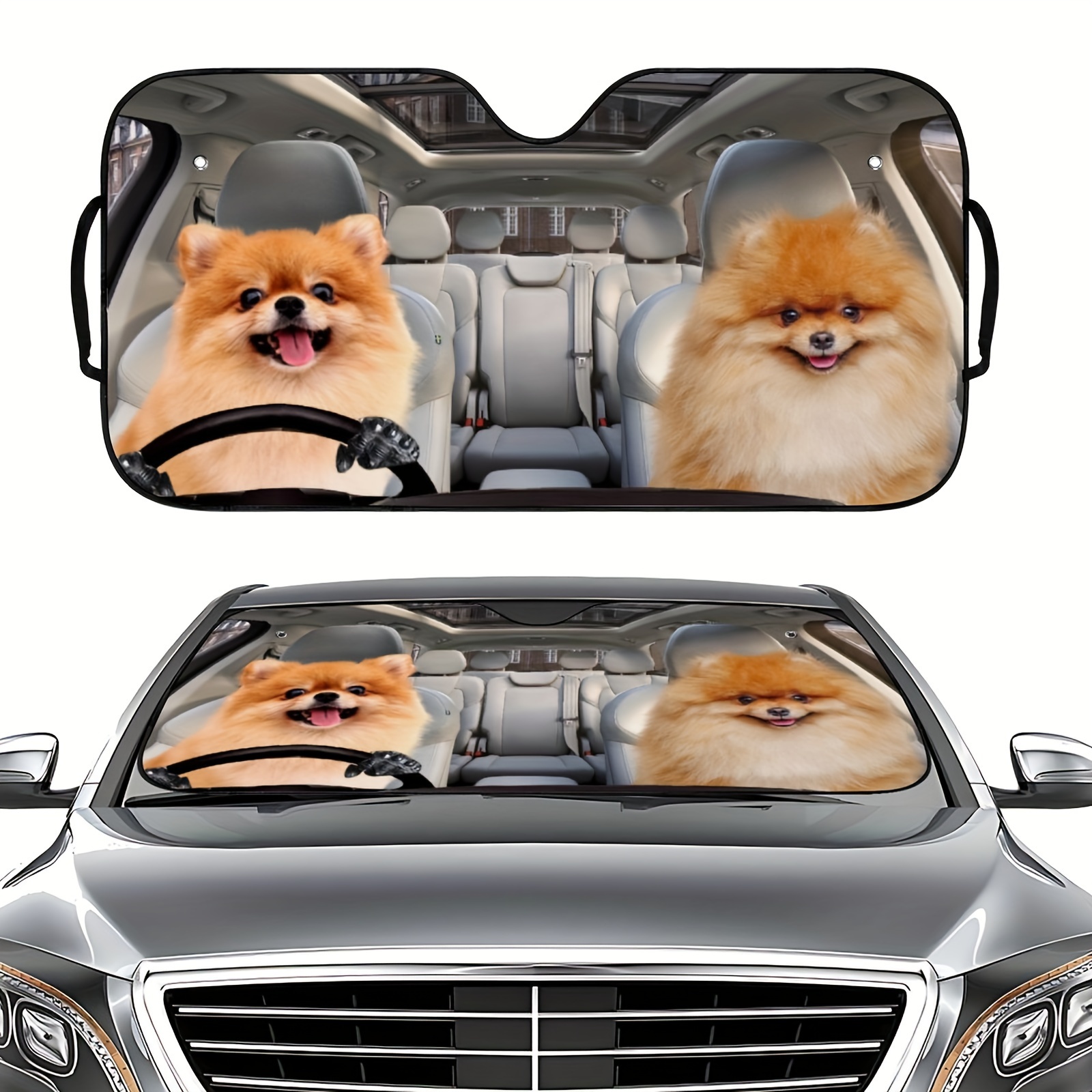 

1pc Pomeranian Dog Print Car Sun Visor, Universal Fit, , With Heat Insulation For Vehicle Interior Cooling, Essential Summer Accessory