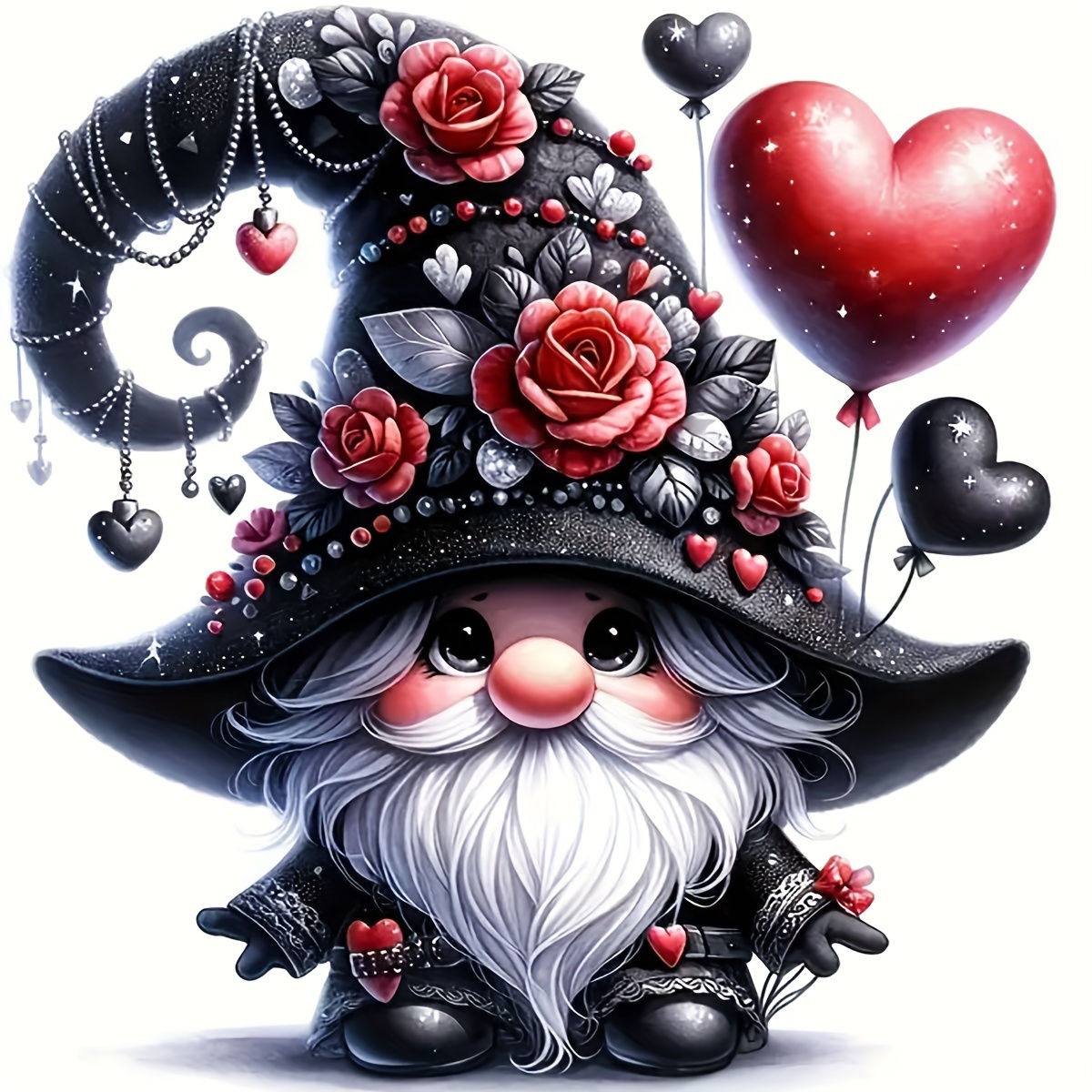 

Diy 5d Diamond Painting Kit - Whimsical Gnome With Roses And Heart Balloons, Rhinestone Mosaic, Paint By Numbers Craft, Frameless 11.8x11.8 Inch - Wall Decor, Holiday Parties