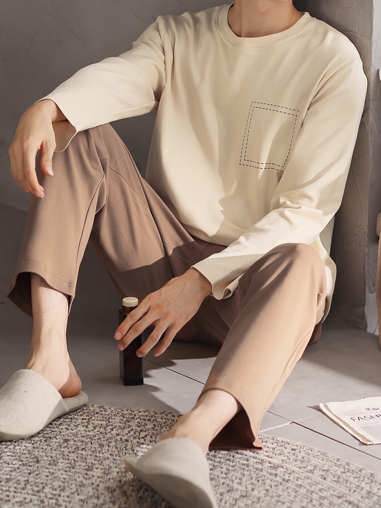 Men's Cotton Sleepwear Set - Casual Crew Neck Long Sleeve Pajama with Pockets - Geometric Pattern Knit Fabric Lounge Set for Spring/Fall - 100% Cotton Comfortable PJ Set with Slight Stretch