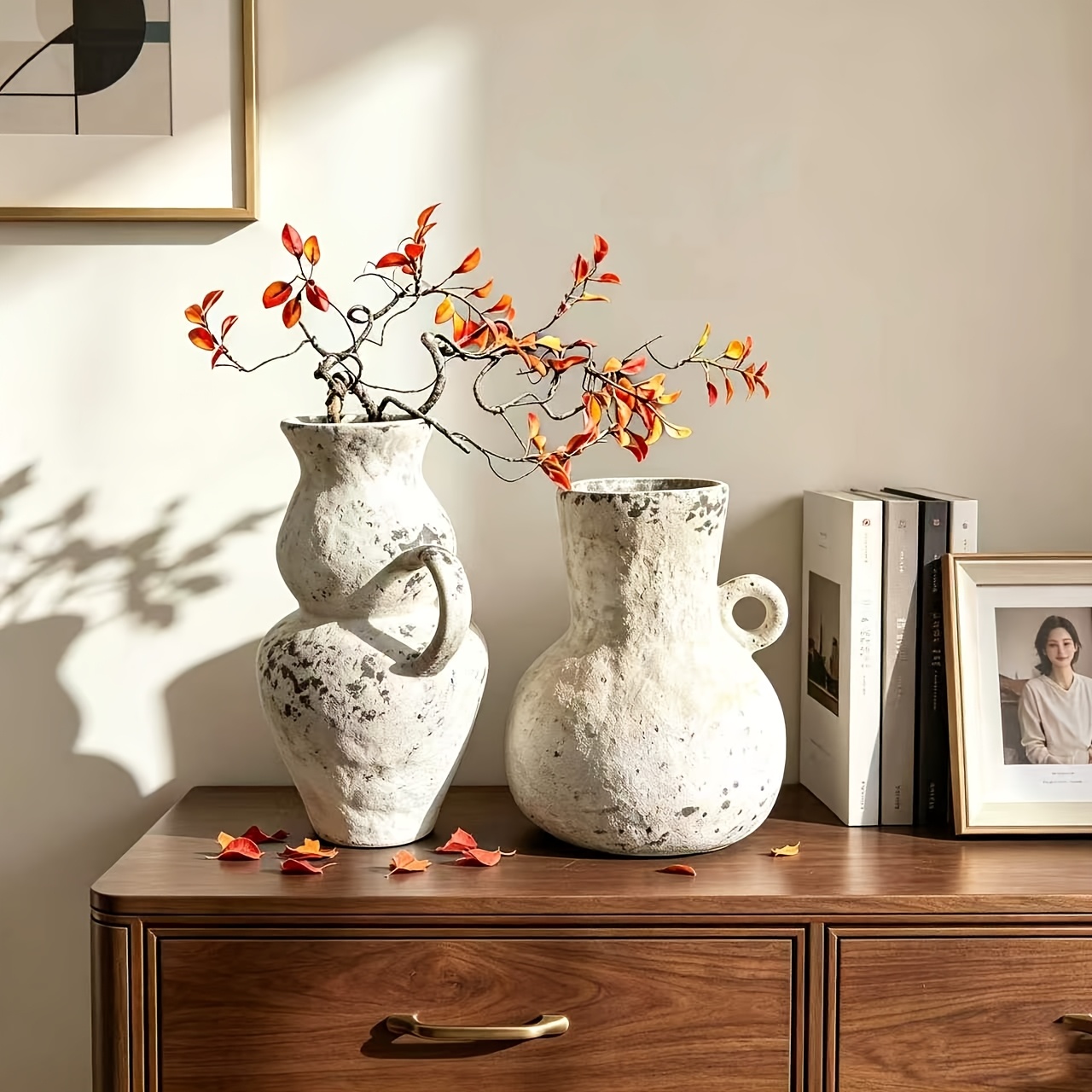 item picture vintage white textured ceramic vase 7 87in and 9 45in sold separately side handle retro distressed texture elegant   fingerprint resistant and easy to clean suitable for living room entryway dining table bedroom office