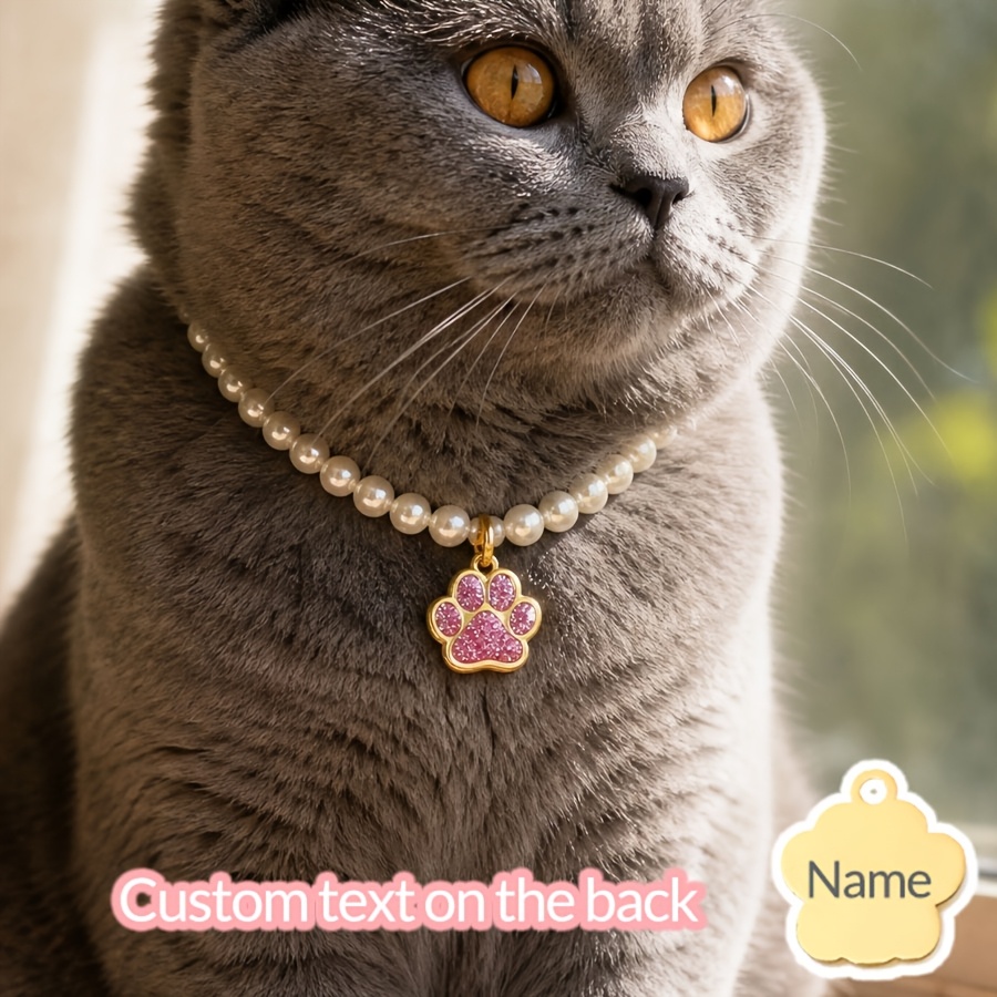 Personalized Imitation Pearl Pet Collar with Engraved Paw Print Pendant