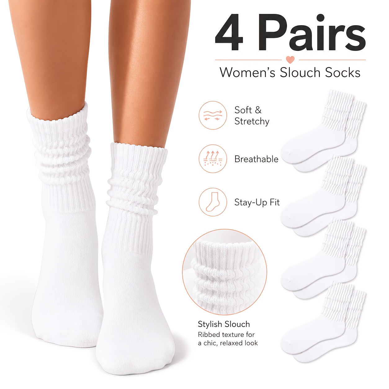 TEMU 4-pair Women's Casual Sports Socks, Vintage Loose Fit Mid-calf Ribbed Socks, Suitable For Daily, Home, Outdoor, And Sports Wear