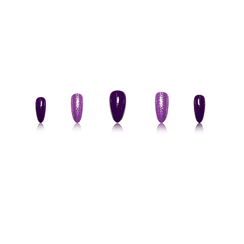 TEMU 24pcs Full-coverage Almond-shaped Press-on Nails Suitable For Women & - Glitter Shimmering Branch Leaf With Tips, Deep Purple & White Reusable