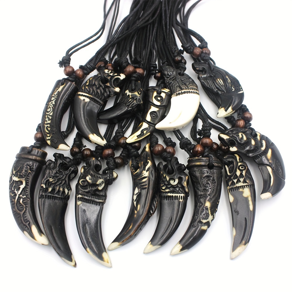 

12pcs/lot Animal Totem Pendant Wolf Tooth Necklaces, Adjustable Rope For Men And Women Jewelry Gifts