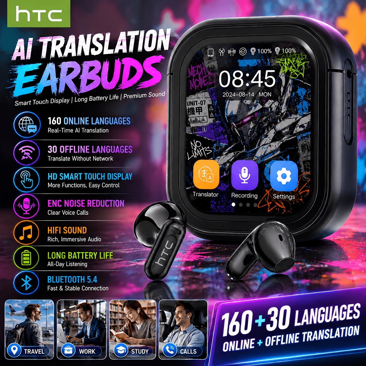 TEMU Htc Ne20 Ai Translation Wireless Bluetooth Earphones, Supporting 131 Language , With High-definition Led Display And High Fidelity Wireless ,