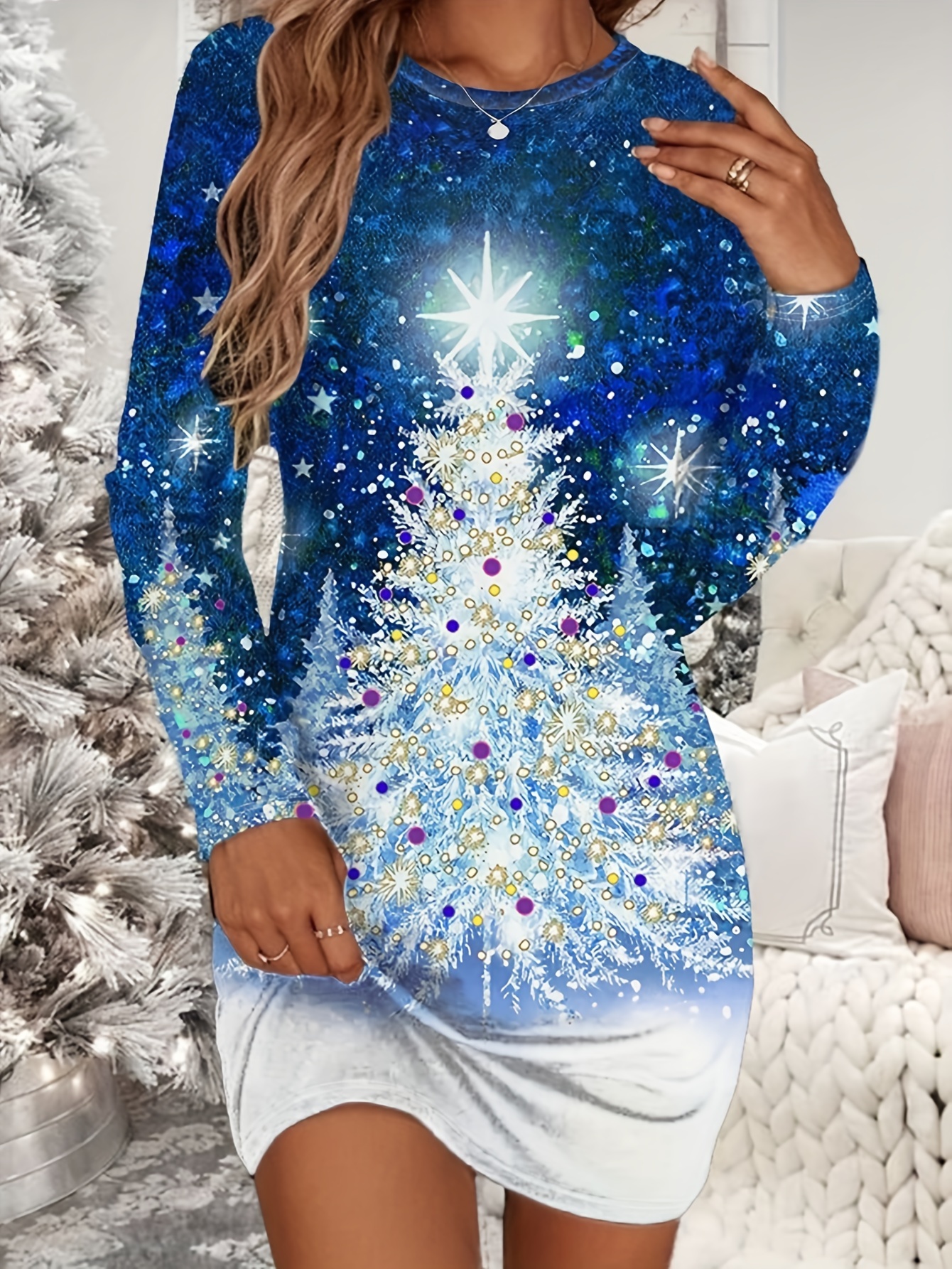 womens christmas dress long sleeve polyester spandex casual - Temu Oman