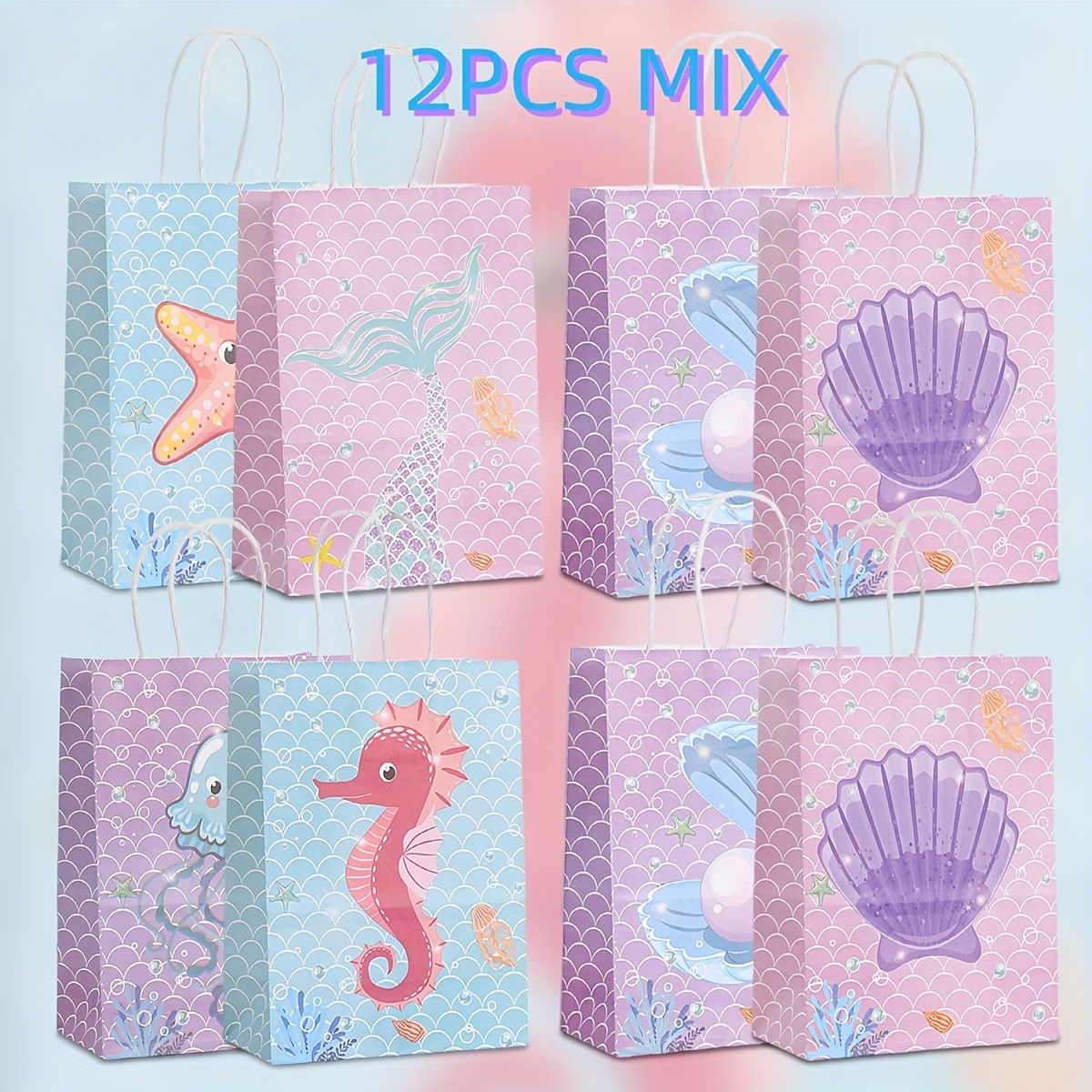 Image of 12pcs Mermaid Birthday Party Gift Bags, Tote Bags, Printed Packaging Bags For Party Favors
