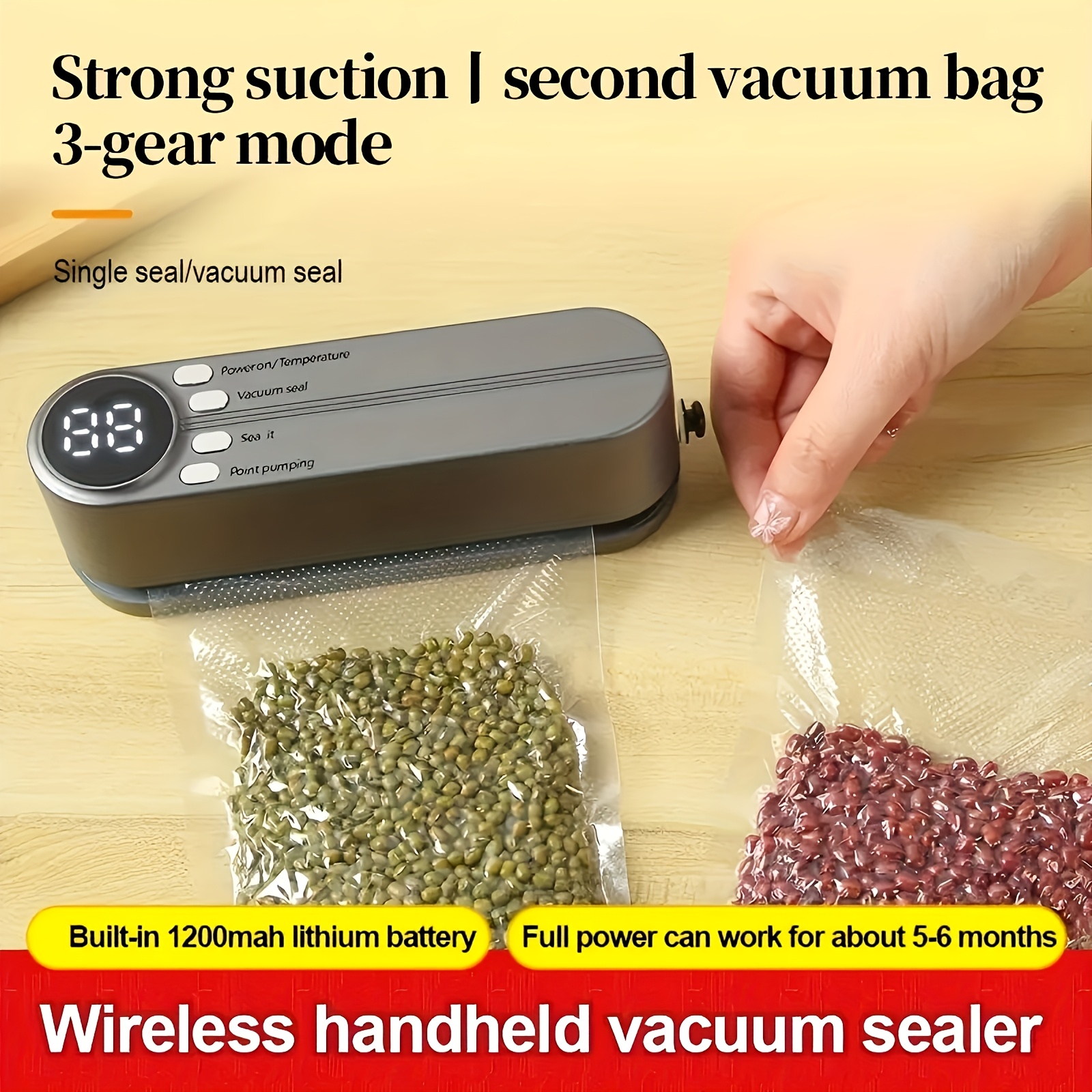 Sellador al vacío inalámbrico compacto portátil para alimentos, sellador de conservación de alimentos ligero, cuerpo fácil de colocar y transportar, sin necesidad de bolsas selectivas, sellado rápido con un botón. Aislamiento de aire a prueba de polvo y humedad, que previene la oxidación y la descomposición de los alimentos