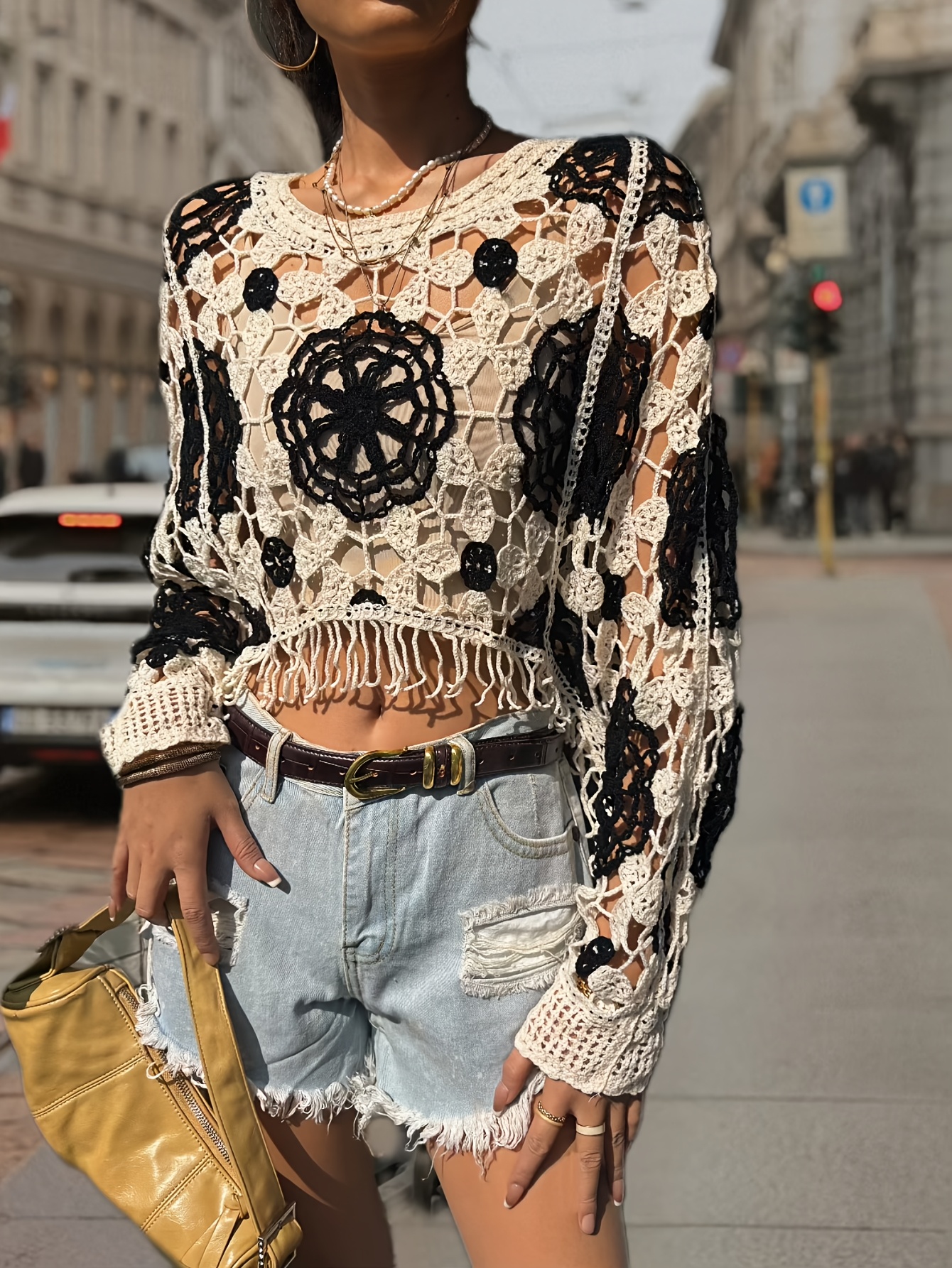womens bohemian crochet cover floral jacquard lace hollow - Temu