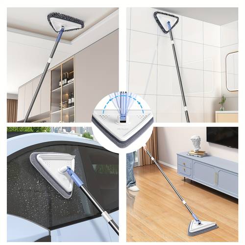 telescopic wall scrubber for cleaning walls floor duster 3 in 1 ceiling cleaning tool triangular mop with scraper with 1 replacement microfiber cloth and 1 chenille cloth for walls skirtings windows floors cabinets car wash mop