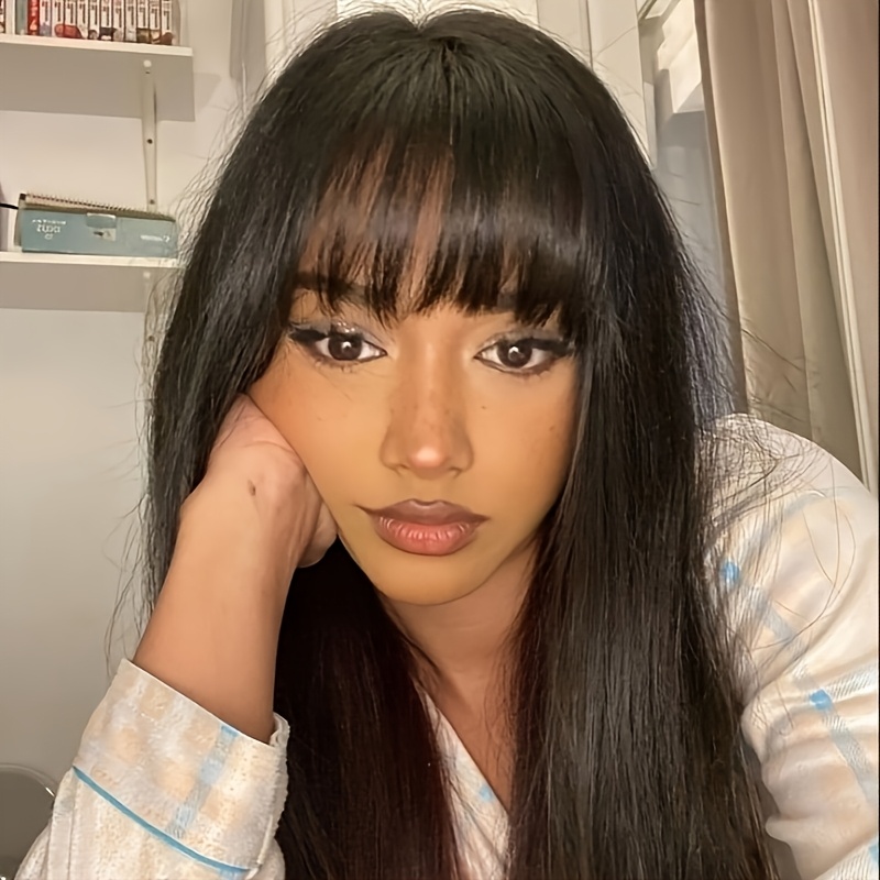 Image of Glueless Straight Human Hair Wig With Bangs Straight None Lace Front Wig Adjustable Net For For Daily Use Soft Easy To Style 250% Density Straight Brazilian Human Hair Wig With Bangs