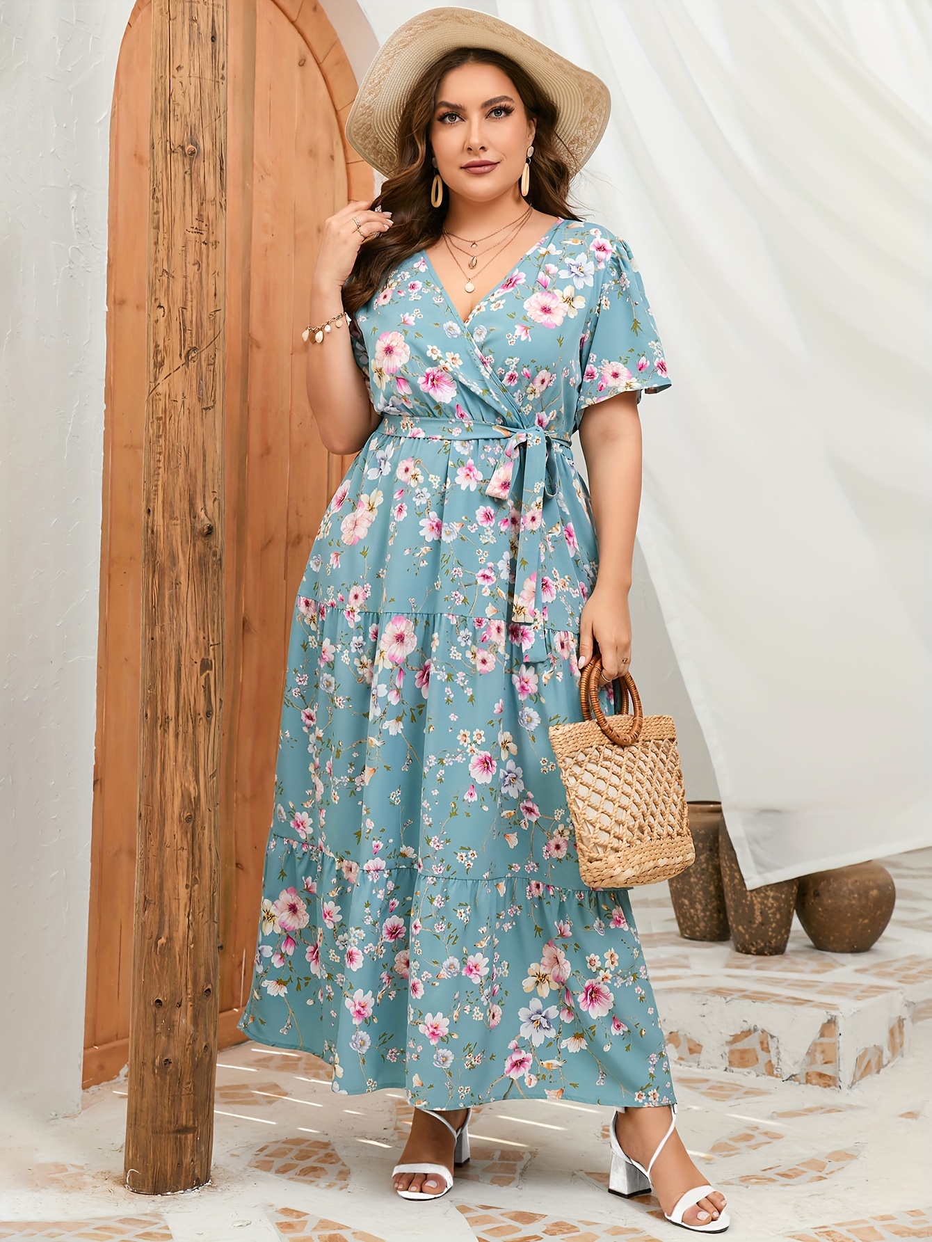 plus size womens plus size v neck wrap maxi dress high waist - Temu