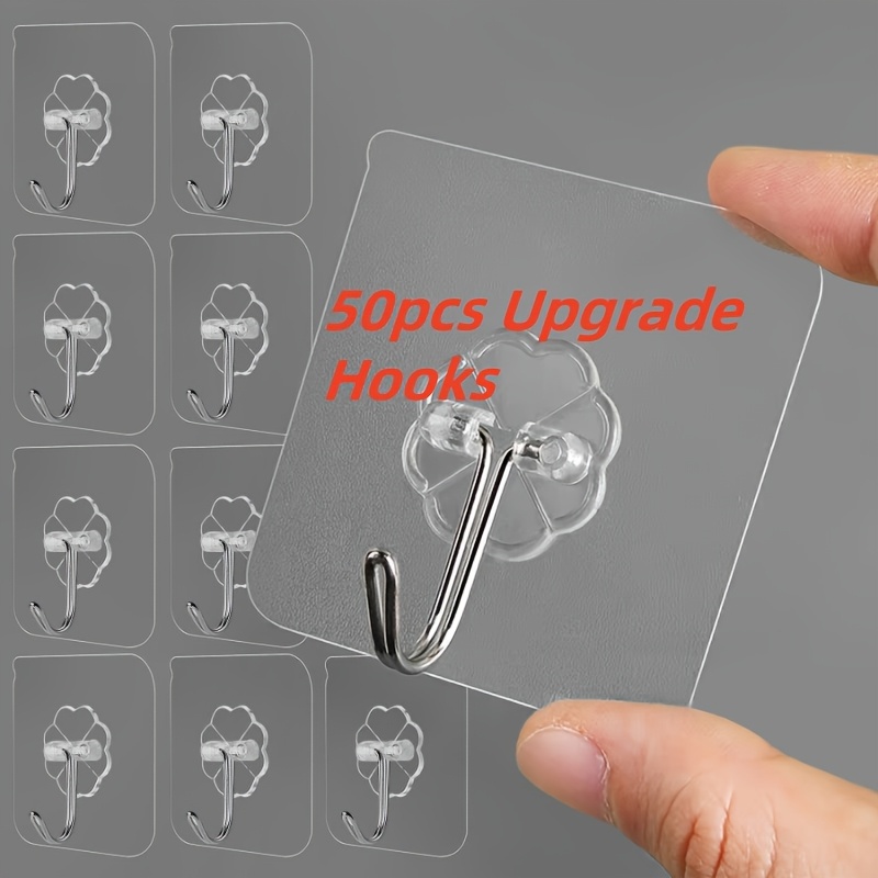 

50pcs Heavy Duty Transparent Wall Hooks - , Waterproof & Oil-proof, Seamless Design For Storage
