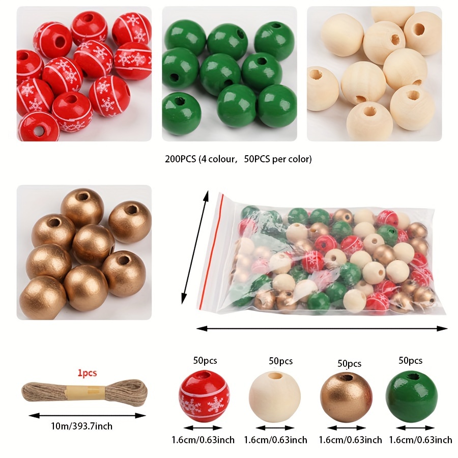Image of 200 Christmas Wooden Beads, Polished In Red, Made Round Wood, Accompanied By A 10m Jute Rope For Indoor Decorations For Christmas Parties