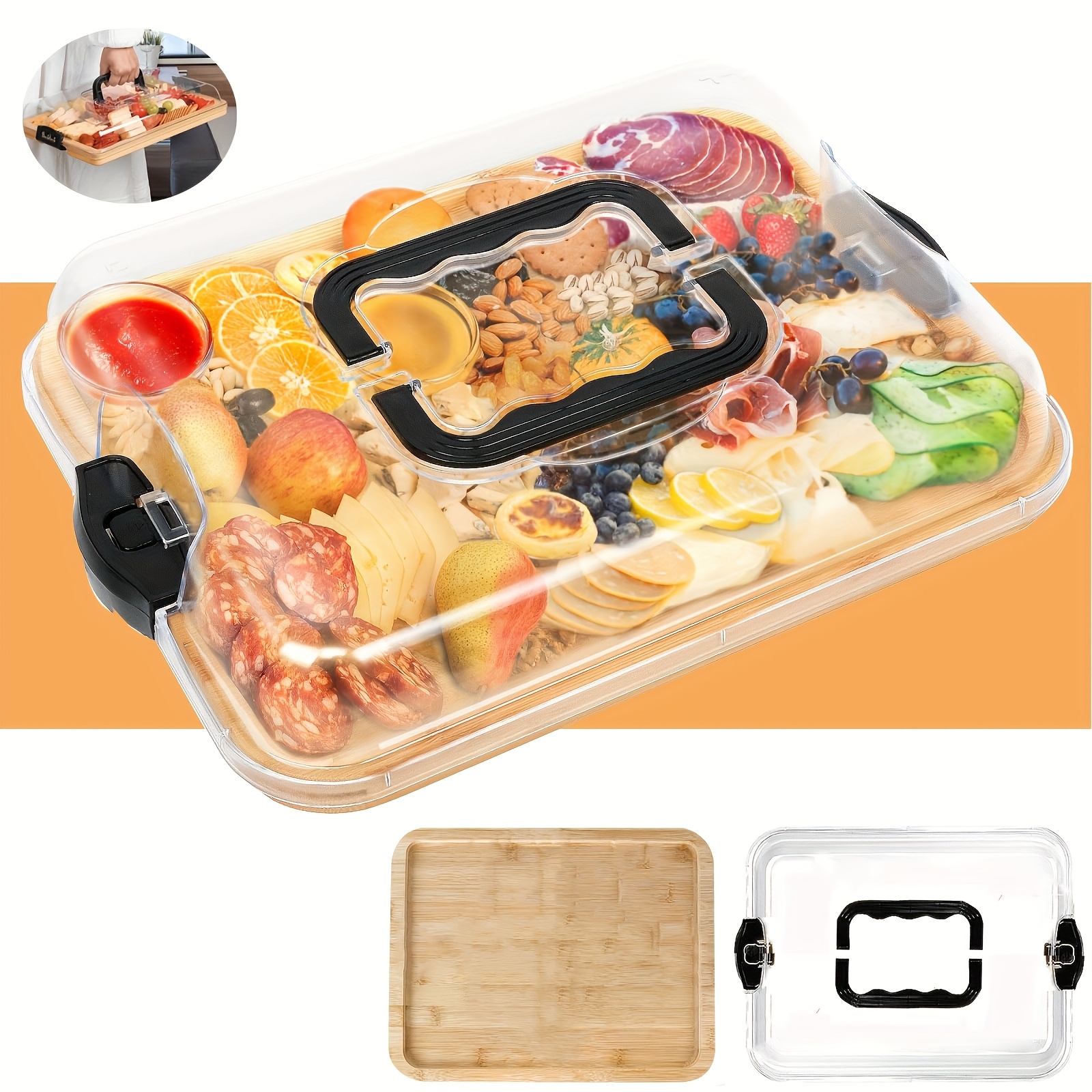 TEMU 1pc Portable Partitioned Serving Plate With Transparent Lid & Handle - Artificial Wood Picnic Tray Suitable For Outdoor Picnics, Camping, Cheese
