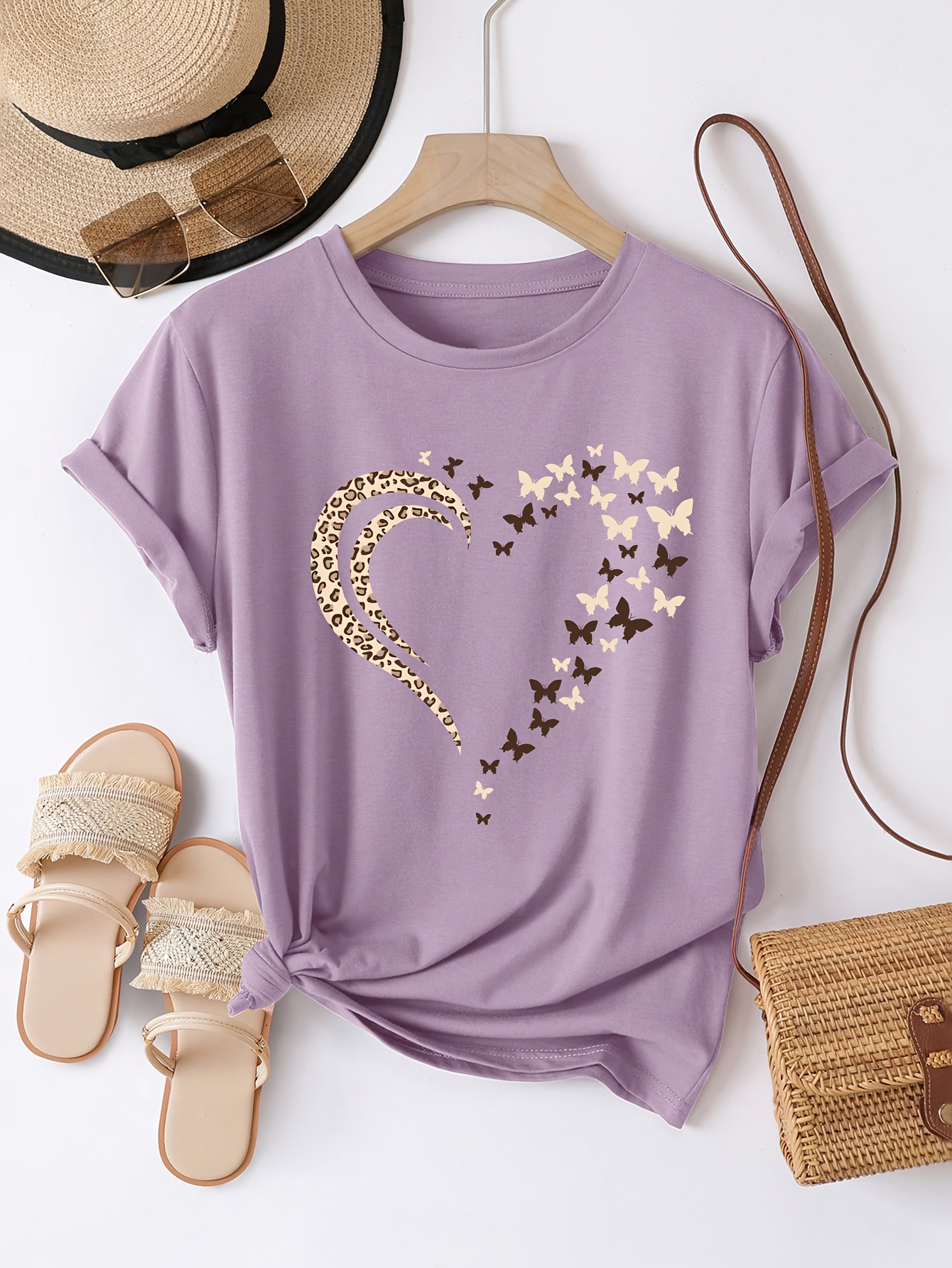 Casual Crew Neck Short Sleeve T-Shirt, Women'S Polyester Basic Round Neck Pullover, Heart Butterfly Pattern, with Slight Stretch, Regular Length and H Fit