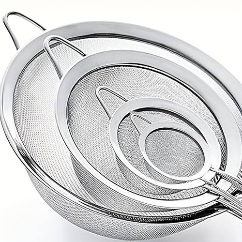 4pcs stainless steel flour sifter set with handle mesh sieves for filtering washing beans and straining oils in four sizes reusable and durable a practical household kitchen tool for baking supplies