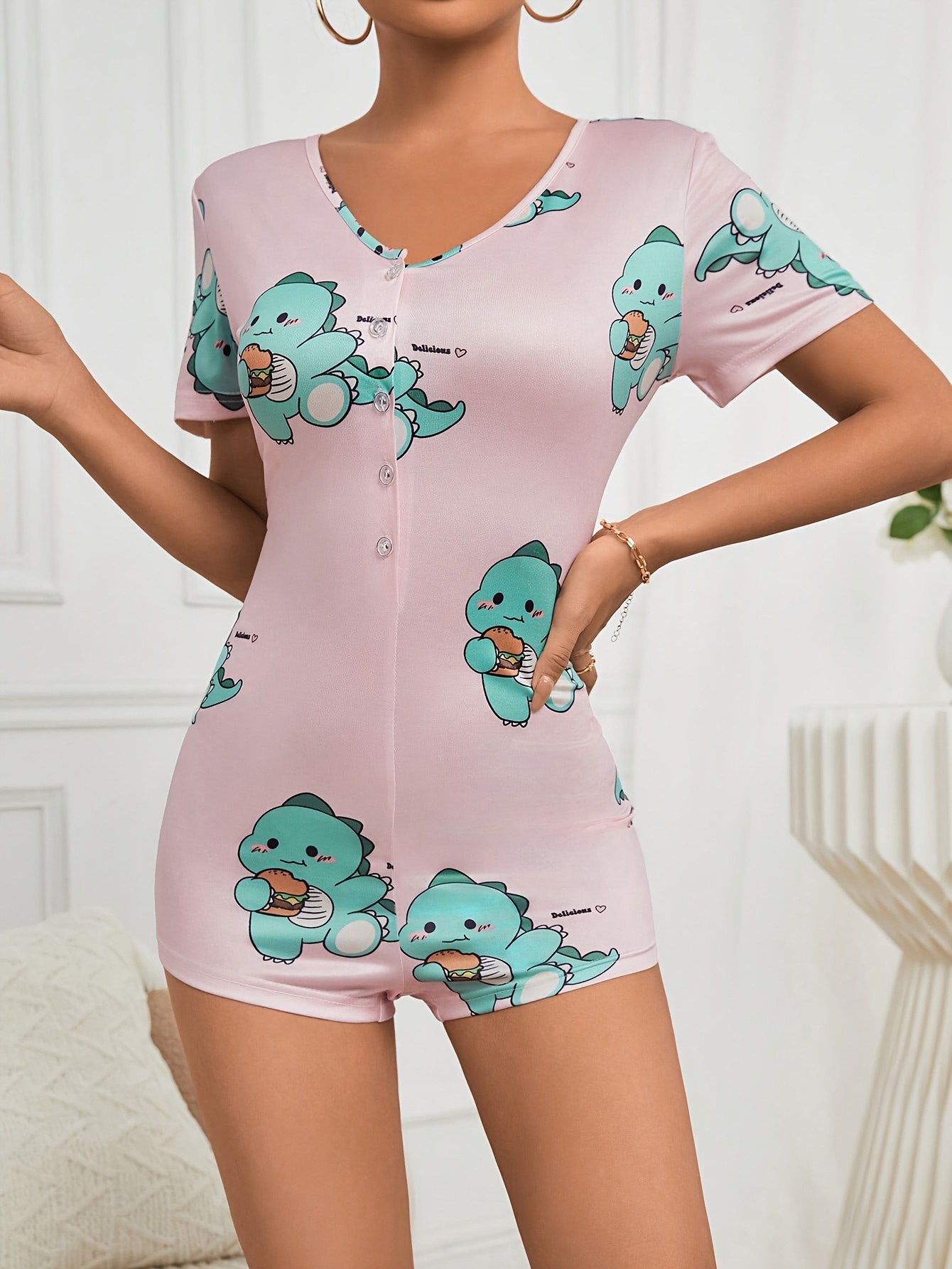 cute dinosaur print slim fit pajama romper short sleeve Temu