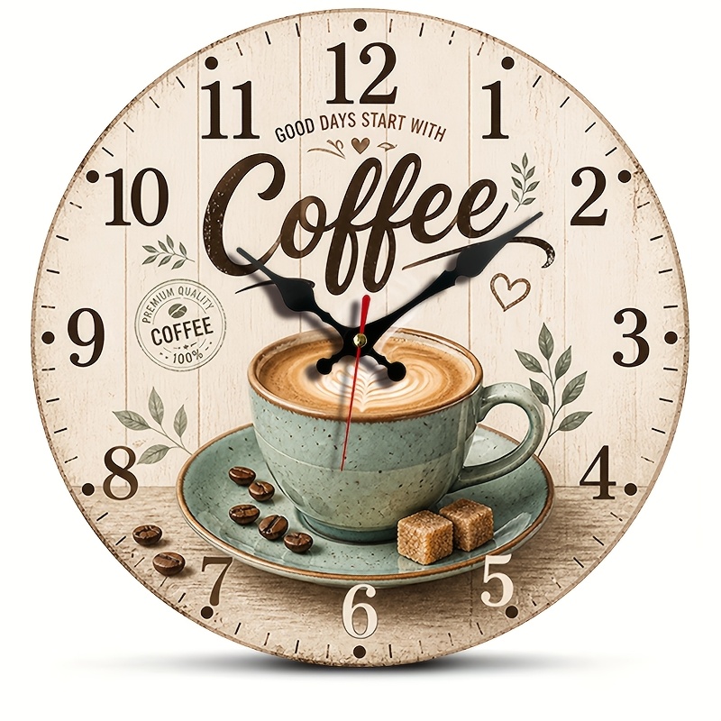 TEMU 1pc Round Clock, Hand-painted Coffee Cup Pattern Clock, Retro Coffee Theme Decorative Clock, Silent Quartz, Suitable For Kitchen, Restaurant,