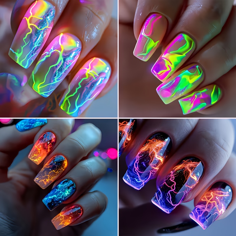 E-shop 96-teiliges Nagelsticker-Set in 4 Stilen | Press-On-Nägel in rechteckiger Form, grüner Verlauf mit glänzendem Blitz-Flammen-Design, gemischte