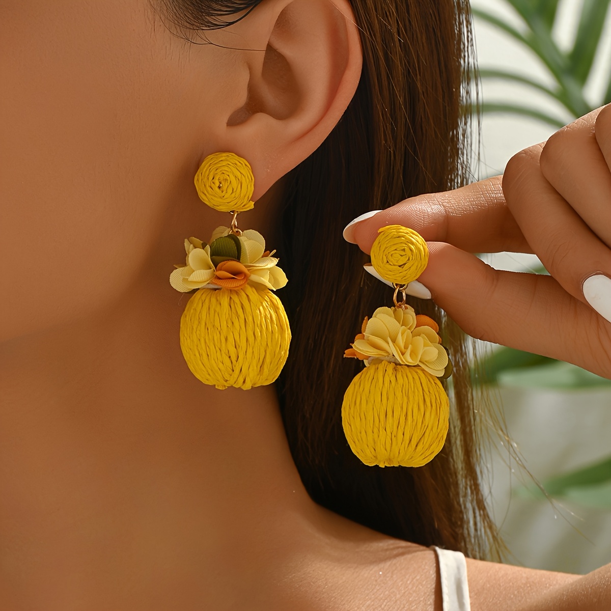 bohemian handmade raffia flower earrings - Temu United Arab  display picture 1