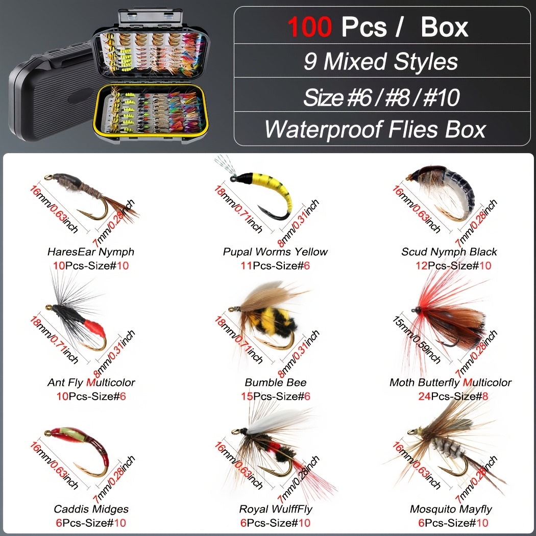 Image of 100pcs Artificial Fly Fishing Bait Kit, Including Dry And Wet Flies, Streamers, And Additions For Trout Fishing, Complete With A Box For Lures